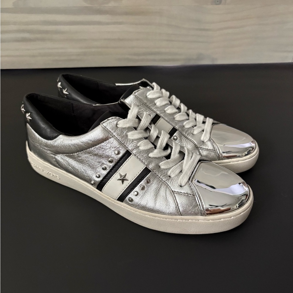 Michael Kors Silver Metallic Leather Sneakers with Chrome Toe
